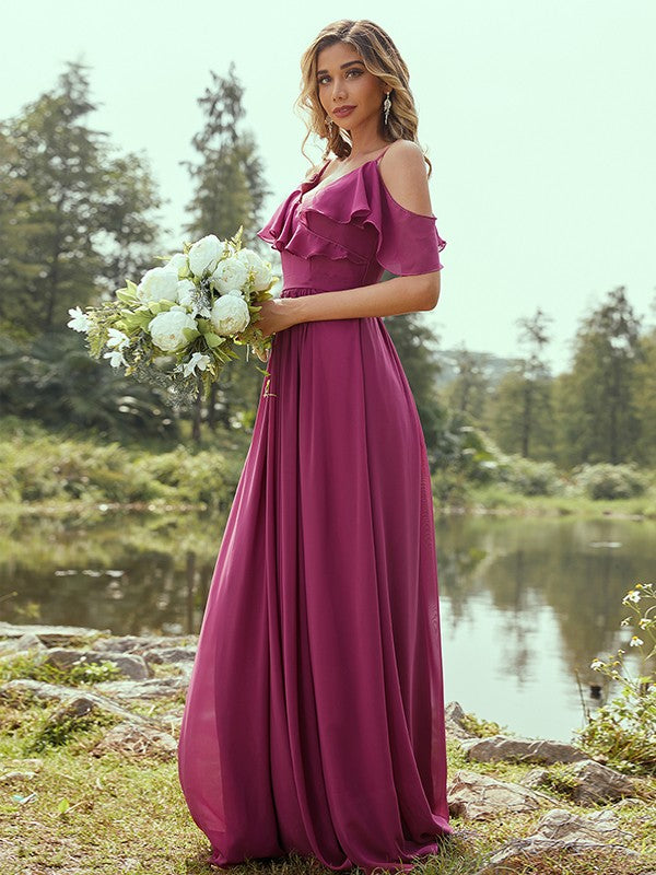 A-Line/Princess Chiffon Ruffles V-neck Sleeveless Floor-Length Bridesmaid Dresses