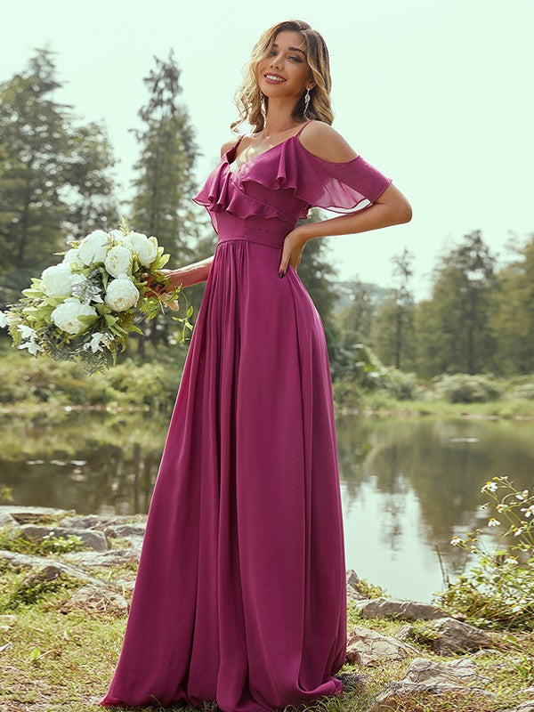 A-Line/Princess Chiffon Ruffles V-neck Sleeveless Floor-Length Bridesmaid Dresses