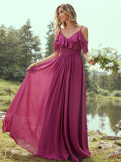 A-Line/Princess Chiffon Ruffles V-neck Sleeveless Floor-Length Bridesmaid Dresses