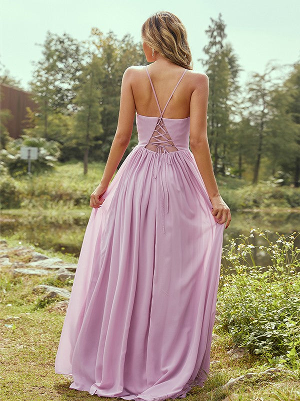 A-Line/Princess Chiffon Ruffles V-neck Sleeveless Floor-Length Bridesmaid Dresses