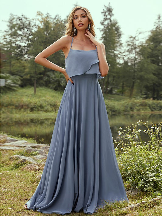 A-Line/Princess Chiffon Ruffles Spaghetti Straps Sleeveless Floor-Length Bridesmaid Dresses