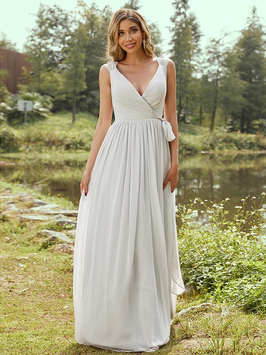 A-Line/Princess Chiffon Ruffles V-neck Sleeveless Floor-Length Bridesmaid Dresses