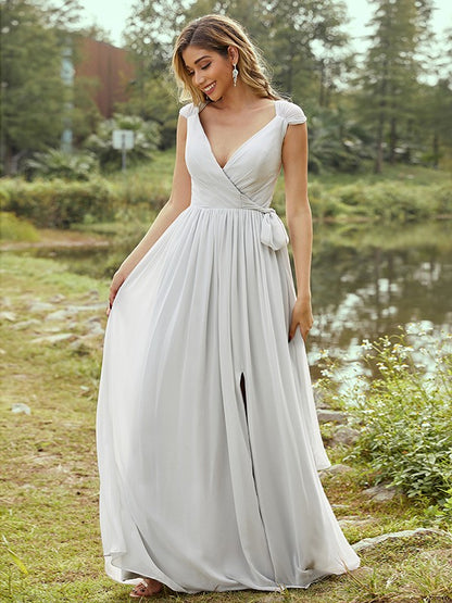 A-Line/Princess Chiffon Ruffles V-neck Sleeveless Floor-Length Bridesmaid Dresses