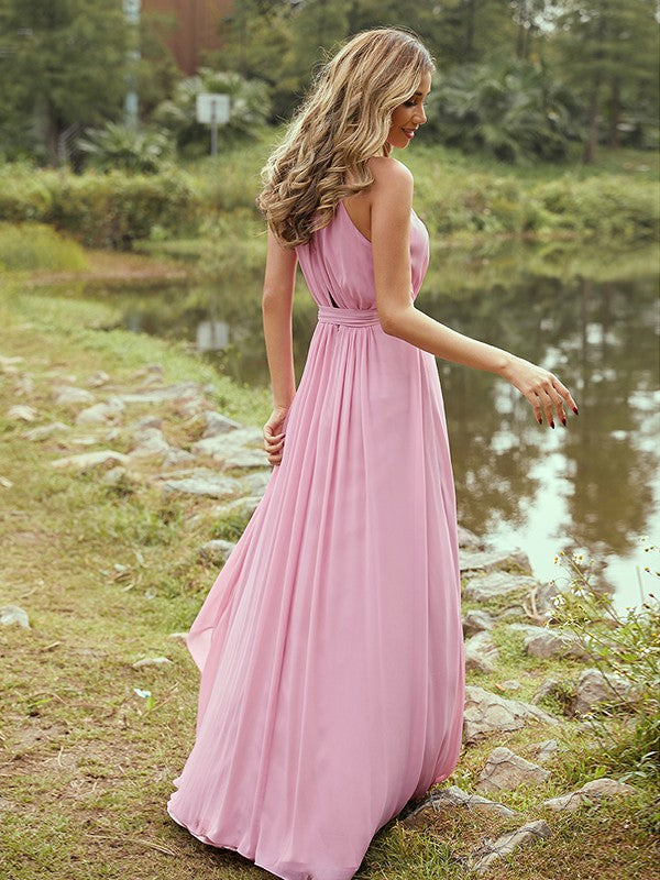 A-Line/Princess Chiffon Ruffles Halter Sleeveless Sweep/Brush Train Bridesmaid Dresses