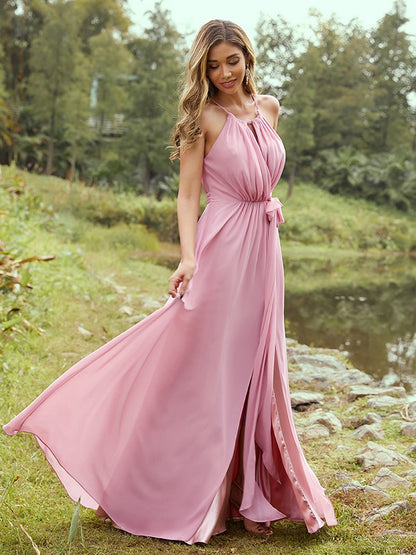 A-Line/Princess Chiffon Ruffles Halter Sleeveless Sweep/Brush Train Bridesmaid Dresses