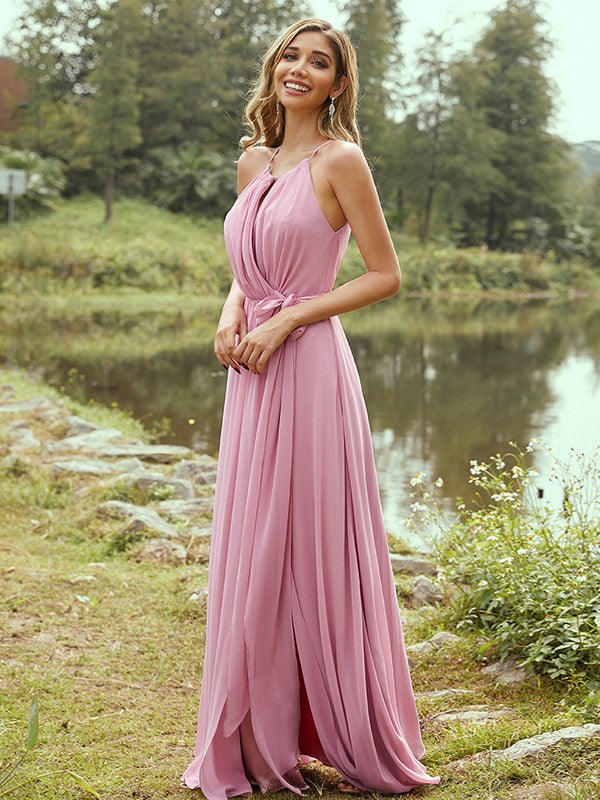 A-Line/Princess Chiffon Ruffles Halter Sleeveless Sweep/Brush Train Bridesmaid Dresses