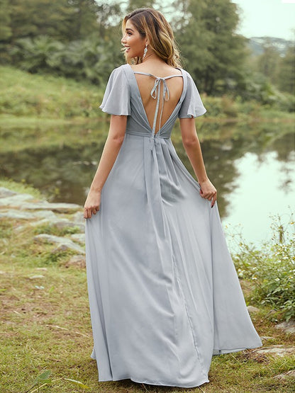 A-Line/Princess Chiffon Ruffles V-neck Short Sleeves Floor-Length Bridesmaid Dresses