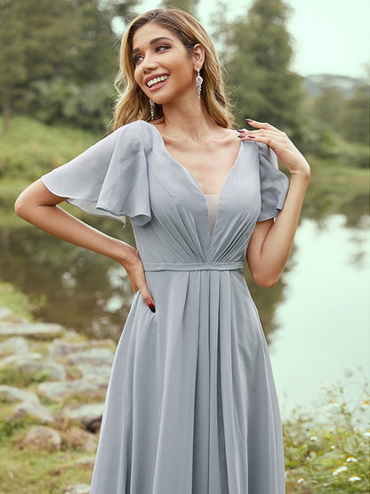 A-Line/Princess Chiffon Ruffles V-neck Short Sleeves Floor-Length Bridesmaid Dresses