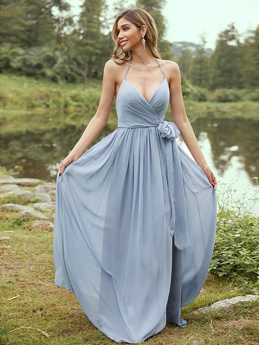 A-Line/Princess Chiffon Ruffles V-neck Sleeveless Sweep/Brush Train Bridesmaid Dresses