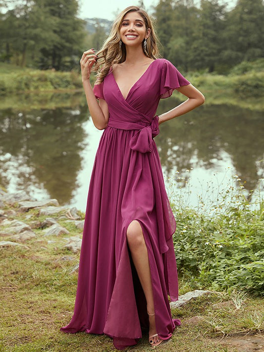 A-Line/Princess Chiffon Ruffles V-neck Short Sleeves Floor-Length Bridesmaid Dresses