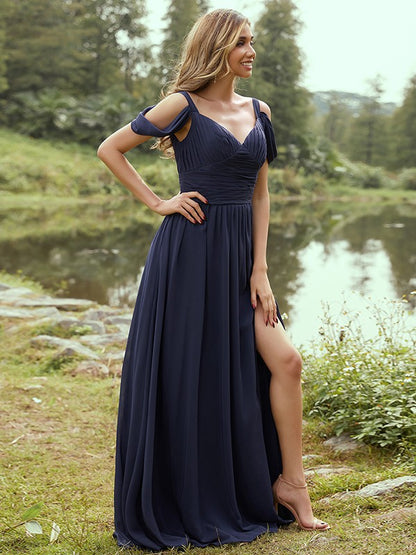 A-Line/Princess Chiffon Ruched V-neck Sleeveless Sweep/Brush Train Bridesmaid Dresses