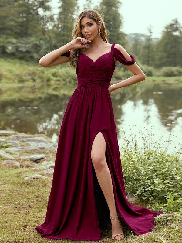 A-Line/Princess Chiffon Ruched V-neck Sleeveless Sweep/Brush Train Bridesmaid Dresses