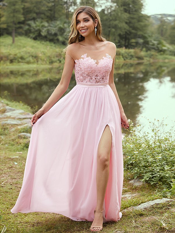 A-Line/Princess Chiffon Applique Scoop Short Sleeves Floor-Length Bridesmaid Dresses