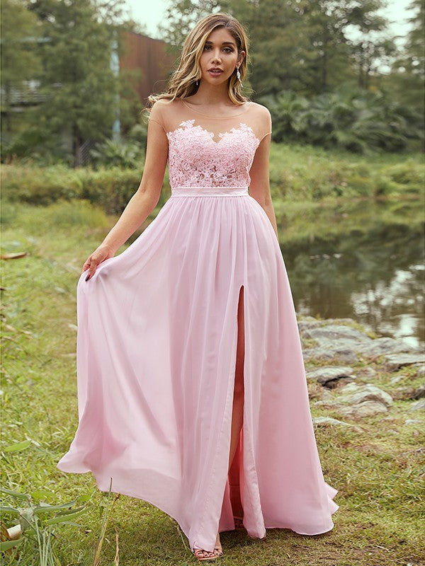 A-Line/Princess Chiffon Applique Scoop Short Sleeves Floor-Length Bridesmaid Dresses