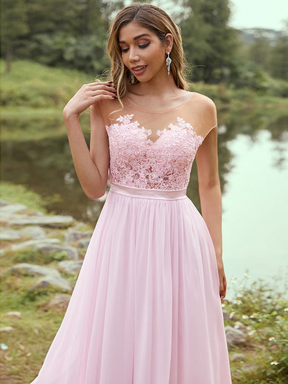 A-Line/Princess Chiffon Applique Scoop Short Sleeves Floor-Length Bridesmaid Dresses