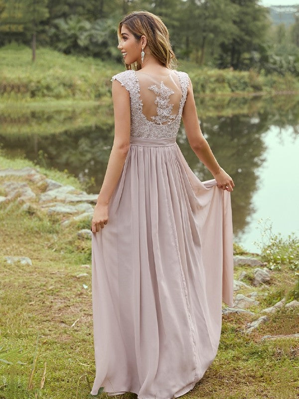 A-Line/Princess Chiffon Applique Sweetheart Sleeveless Floor-Length Bridesmaid Dresses