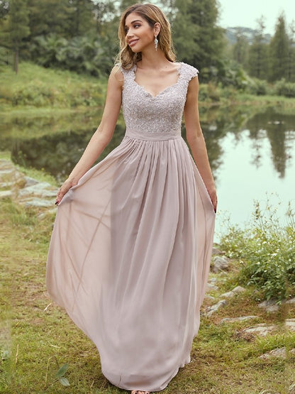 A-Line/Princess Chiffon Applique Sweetheart Sleeveless Floor-Length Bridesmaid Dresses