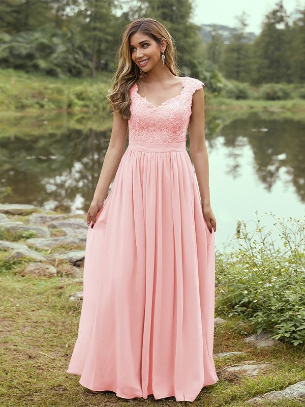 A-Line/Princess Chiffon Applique Sweetheart Sleeveless Floor-Length Bridesmaid Dresses