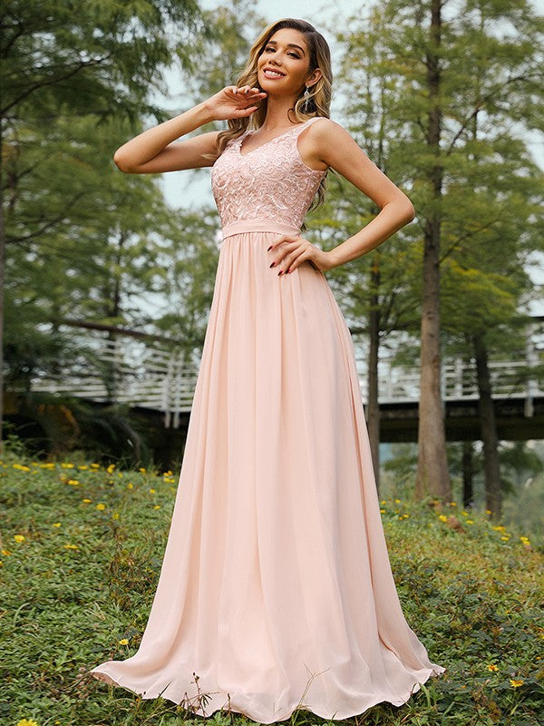 A-Line/Princess Chiffon Lace V-neck Sleeveless Floor-Length Bridesmaid Dresses