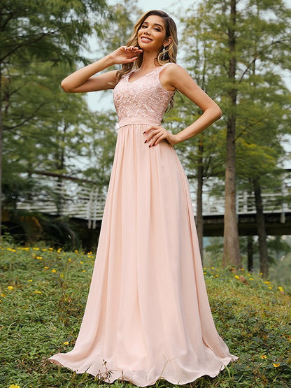 A-Line/Princess Chiffon Lace V-neck Sleeveless Floor-Length Bridesmaid Dresses