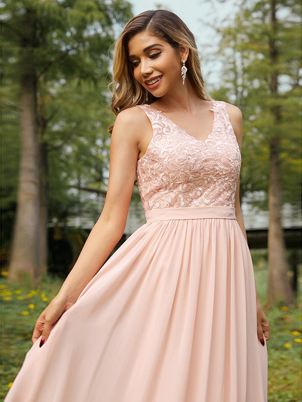 A-Line/Princess Chiffon Lace V-neck Sleeveless Floor-Length Bridesmaid Dresses