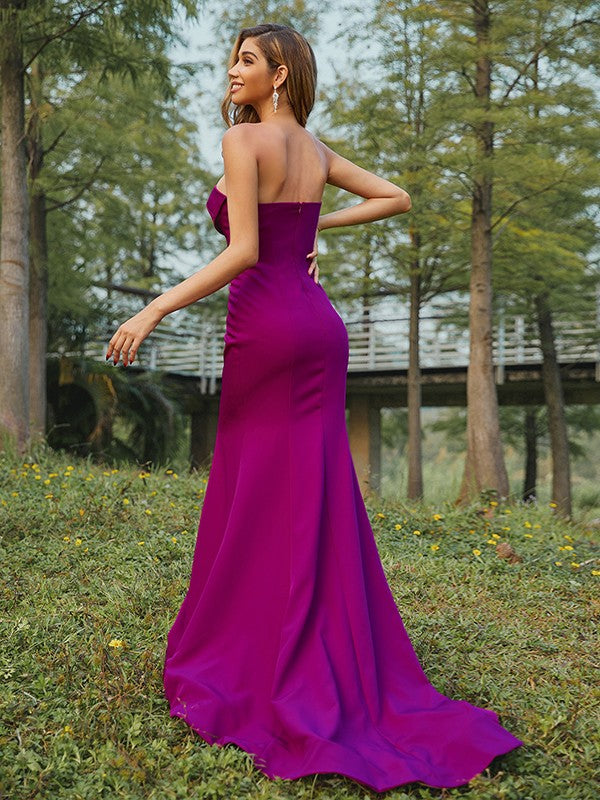 Sheath/Column Stretch Crepe Ruched Sweetheart Sleeveless Sweep/Brush Train Bridesmaid Dresses