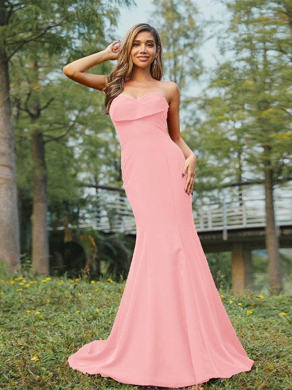 Sheath/Column Stretch Crepe Ruched Sweetheart Sleeveless Sweep/Brush Train Bridesmaid Dresses