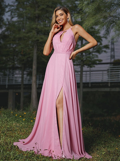 A-Line/Princess Chiffon Ruched Scoop Sleeveless Sweep/Brush Train Bridesmaid Dresses