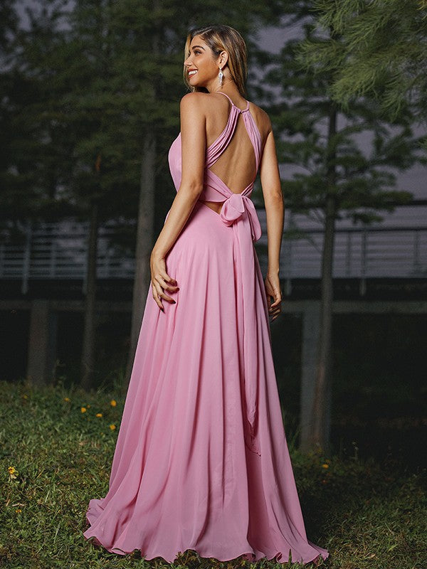 A-Line/Princess Chiffon Ruched Scoop Sleeveless Sweep/Brush Train Bridesmaid Dresses