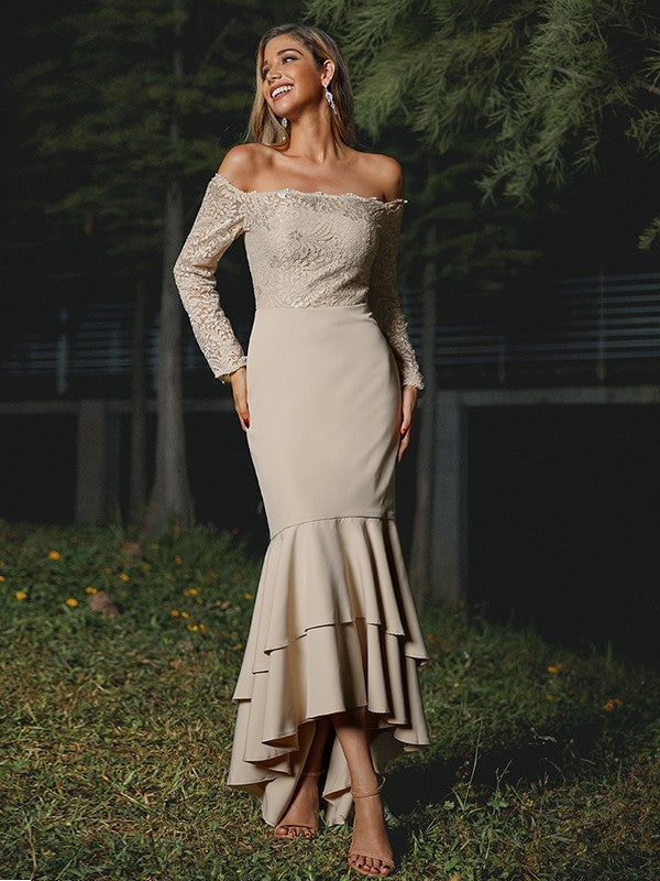 Trumpet/Mermaid Stretch Crepe Lace Off-the-Shoulder Long Sleeves Asymmetrical Bridesmaid Dresses