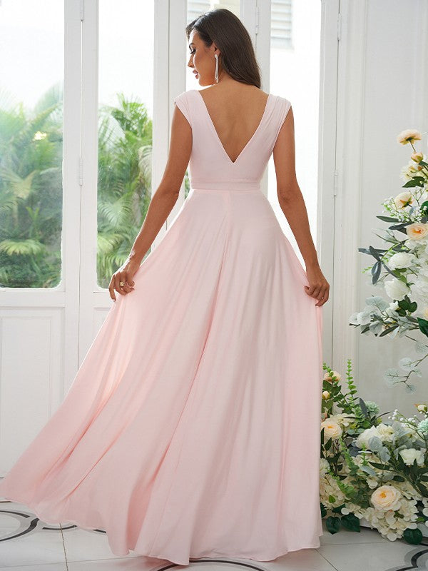 A-Line/Princess Jersey Ruffles V-neck Sleeveless Floor-Length Bridesmaid Dresses