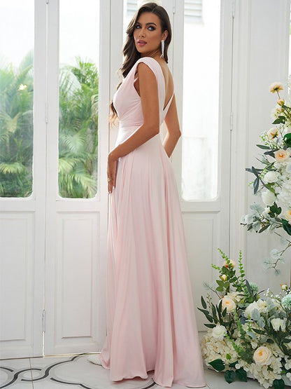 A-Line/Princess Jersey Ruffles V-neck Sleeveless Floor-Length Bridesmaid Dresses