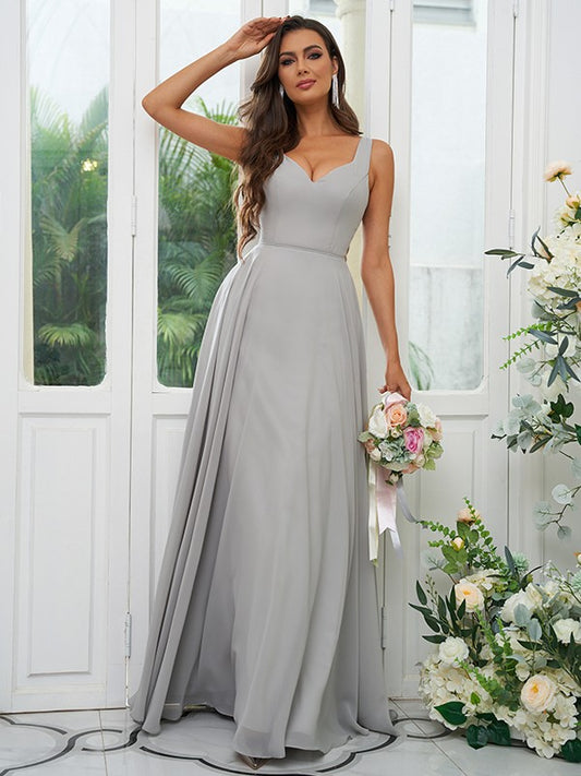 A-Line/Princess Chiffon Ruffles V-neck Sleeveless Floor-Length Bridesmaid Dresses