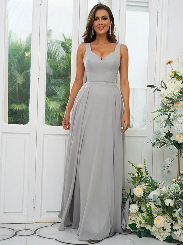 A-Line/Princess Chiffon Ruffles V-neck Sleeveless Floor-Length Bridesmaid Dresses