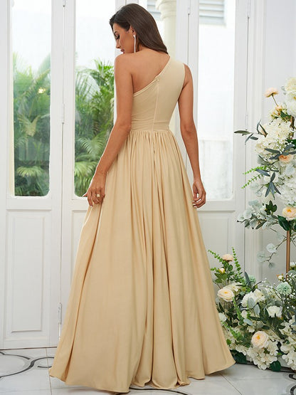 A-Line/Princess Jersey Ruffles One-Shoulder Sleeveless Floor-Length Bridesmaid Dresses