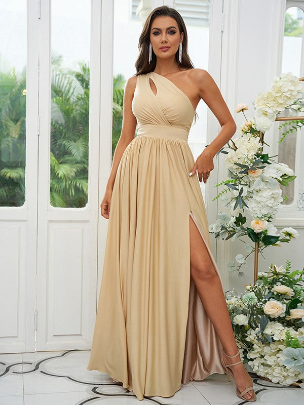 A-Line/Princess Jersey Ruffles One-Shoulder Sleeveless Floor-Length Bridesmaid Dresses