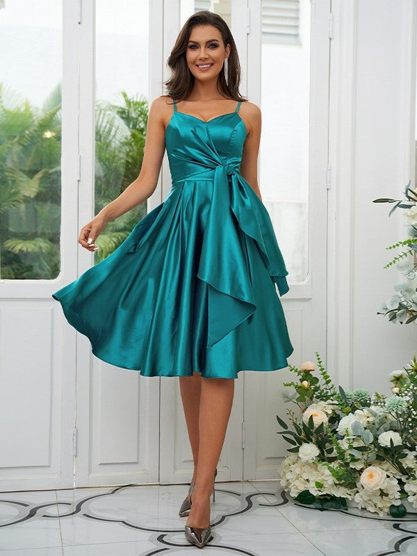 A-Line/Princess Elastic Woven Satin Ruffles Spaghetti Straps Sleeveless Knee-Length Bridesmaid Dresses