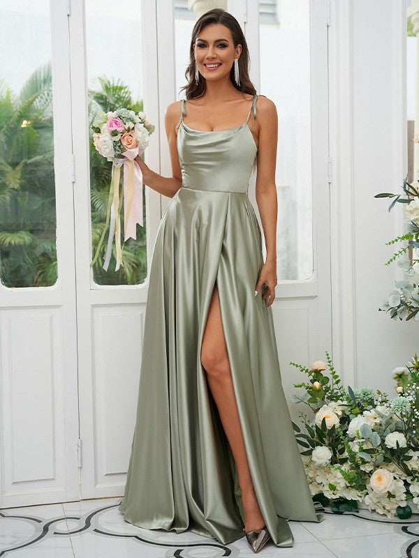 A-Line/Princess Silk like Satin Ruffles Spaghetti Straps Sleeveless Sweep/Brush Train Bridesmaid Dresses