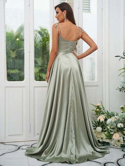 A-Line/Princess Silk like Satin Ruffles Spaghetti Straps Sleeveless Sweep/Brush Train Bridesmaid Dresses