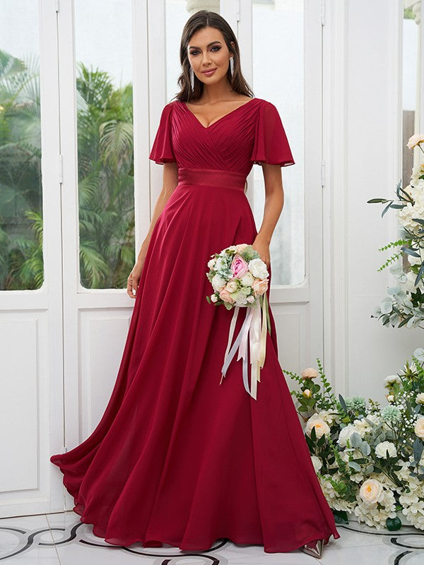 A-Line/Princess Chiffon Ruched V-neck Short Sleeves Sweep/Brush Train Bridesmaid Dresses