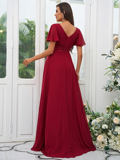 A-Line/Princess Chiffon Ruched V-neck Short Sleeves Sweep/Brush Train Bridesmaid Dresses