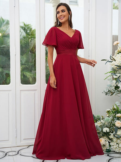 A-Line/Princess Chiffon Ruched V-neck Short Sleeves Sweep/Brush Train Bridesmaid Dresses