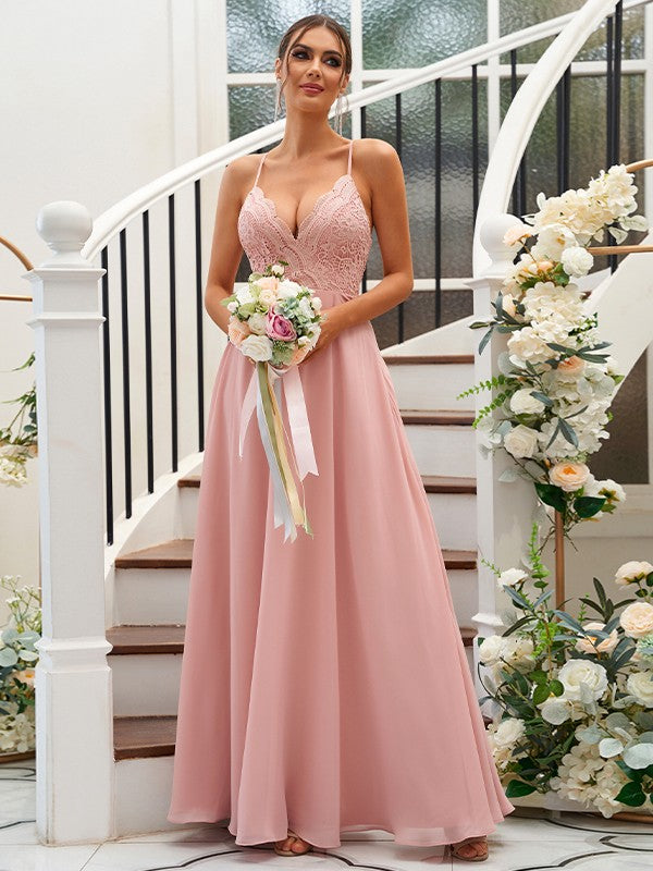 A-Line/Princess Chiffon Lace V-neck Sleeveless Floor-Length Bridesmaid Dresses