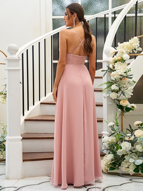 A-Line/Princess Chiffon Lace V-neck Sleeveless Floor-Length Bridesmaid Dresses