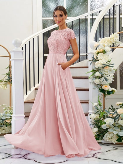 A-Line/Princess Chiffon Lace Scoop Short Sleeves Floor-Length Bridesmaid Dresses