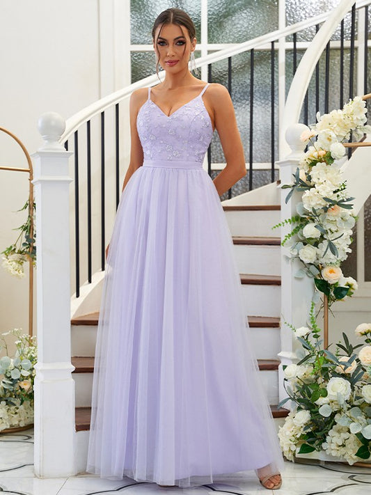 A-Line/Princess Tulle Applique V-neck Sleeveless Floor-Length Bridesmaid Dresses