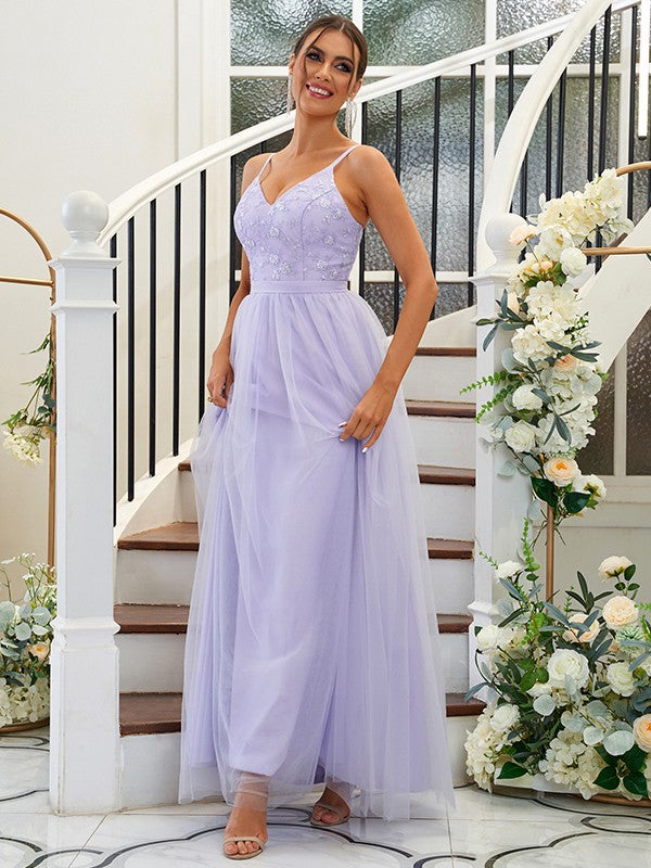 A-Line/Princess Tulle Applique V-neck Sleeveless Floor-Length Bridesmaid Dresses