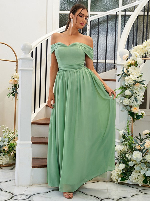 A-Line/Princess Chiffon Ruffles Off-the-Shoulder Sleeveless Floor-Length Bridesmaid Dresses