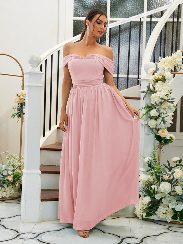 A-Line/Princess Chiffon Ruffles Off-the-Shoulder Sleeveless Floor-Length Bridesmaid Dresses