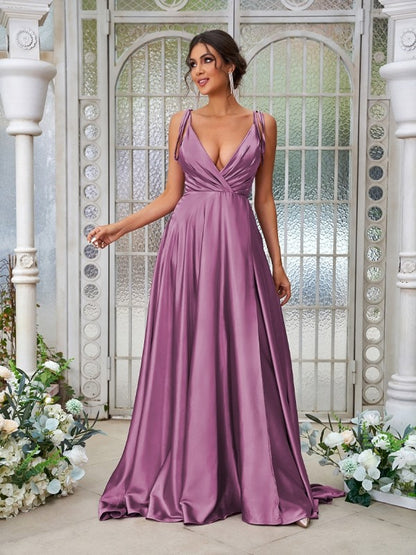 A-Line/Princess Silk like Satin Ruffles V-neck Sleeveless Sweep/Brush Train Bridesmaid Dresses